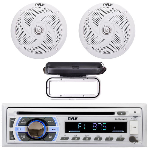 Pyle PLCD43MRB Single DIN Marine Bluetooth USB/AUX MP3 Player AM/FM Radio In-Dash Head unit Stereo Receiver w/White Cover, 2x Pyle PLMRS6W 6'' 240 Watt Max Power Low Profile 2-Way White Boat Speakers