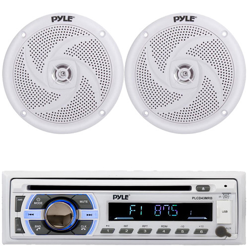 Pyle PLCD43MRB Single DIN Marine Bluetooth USB/AUX MP3 Player AM/FM Radio In-Dash Stereo Head Unit Receiver, 2x Pyle PLMRS4W 4" 100W Max Power Low Profile 2-Way Waterproof White Boat Outdoor Speakers