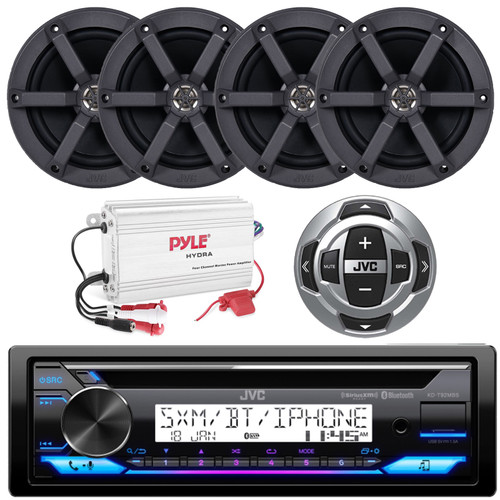 JVC KD-T92MBS Single DIN Marine MotorSports Bluetooth USB/AUX CD Player AM/FM Radio Stereo Receiver W/Wired Remote, 4x 6.5" 100 Watt Max Power 2-Way Black Boat Speakers, 4-Channel 800W Max Amplifier