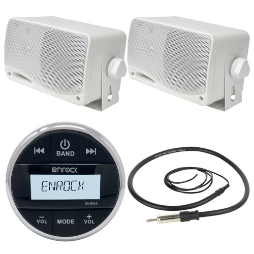 Enrock Gauge Style Marine USB Bluetooth AUX Radio, Antenna, 3.5" 200W 3-Way Marine White Box Speakers