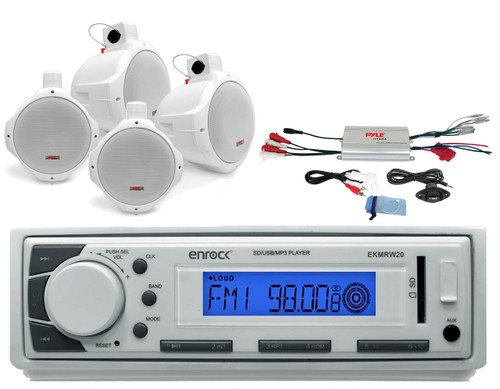 Marine USB AUX AM FM Radio,6.5"White Marine Wake Board Speakers,Marine Amplifier