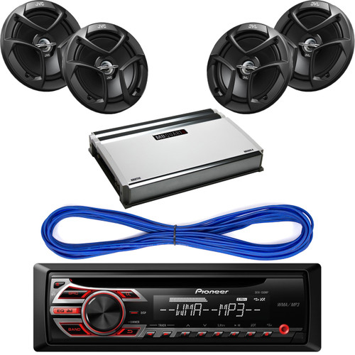 Pair CSJ620 JVC 6.5" Car Audio 2-WAY Coaxial Speakers System (Black), Pioneer DEH150MP CD MP3 Playback AM/FM Radio Single Din Car Receiver with Remote, 14 Gauge 50 Foot Speaker Wire, Mbquart Nautic 4Ch 360W Amplifier