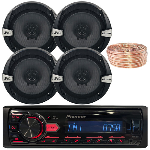 Pioneer MVH-85UB Single DIN USB/AUX MP3 Player AM/FM Radio Digital Media Car Audio Stereo Receiver, 4x JVC CS-DR162 6.5" 300W Max Power 2-Way Coaxial Automotive Speakers, 50 feet 18 Gauge Speaker Wire