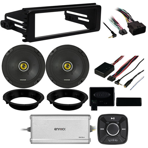 Kicker CSC67 2-Way 6.75" Speaker Set with Mounting Adapters, Harley Adapter FLHX Dash Kit, Enrock 4-Channel Amplifier, Universal Control Interface