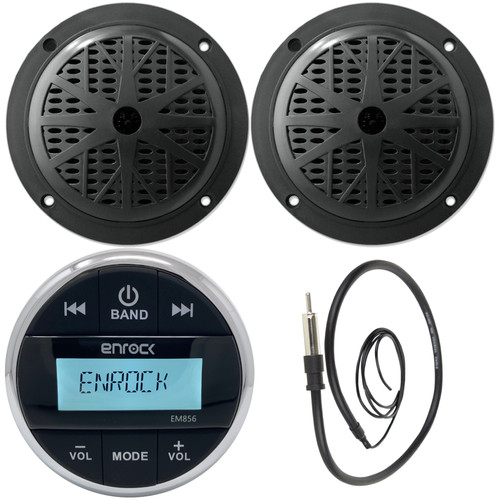 Enrock EM856 Gauge Mount Media Center Marine Grade Receiver, Pyle 5.25" 100 Watts 2-Way Black Marine Speakers (Pair), Enrock Universal Antenna