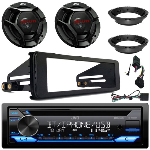 JVC KD-T720BT Single DIN Bluetooth USB/AUX CD Player AM/FM Radio Multimedia Stereo Receiver w/Install Kit, 2x 6.5" 300W Max 2-Way Speakers w/Adapters, Handlebar Control Interface (1998-2013 HD)