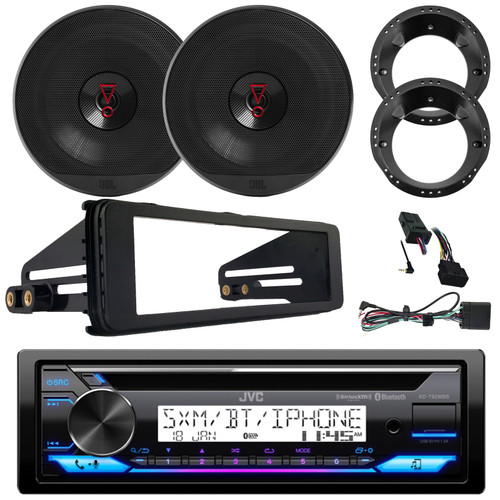 JVC KD-T92MBS Single DIN Marine MotorSports Bluetooth USB/AUX CD Player AM/FM Radio Stereo Receiver w/Install Kit, 2x 6.5" 225W Max 2-Way Speakers w/Adapters, Handlebar Control Interface (98-13 HD)
