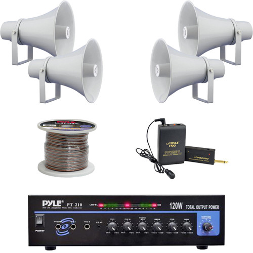 PT210 Mono 120W Amplifier,11" PA Horn Speakers,Speaker Wire, Lavalier Mic System