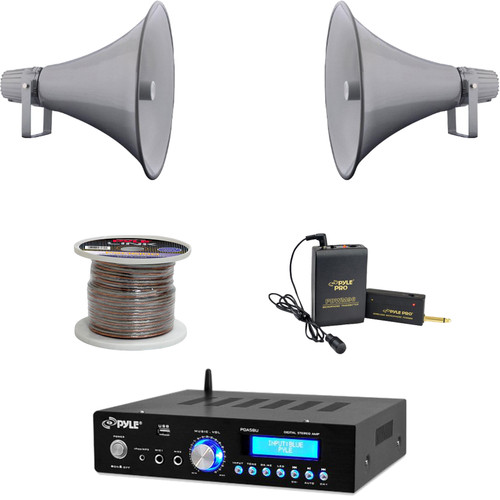 16" 80W PA Horn Speakers, Lavalier Mic Set, Bluetooth USB Mini Amp, Speaker Wire
