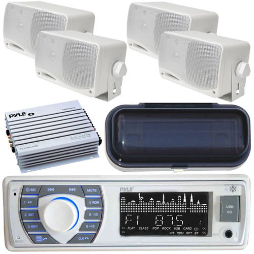 Pyle PLRMR23BTW Marine Indash AM/FM MP3 USB SD AUX iPod Input Stereo Radio Receiver, 4x 3.5" White Box Speakers, Radio Cover, 4-Channel Waterproof Amplifier