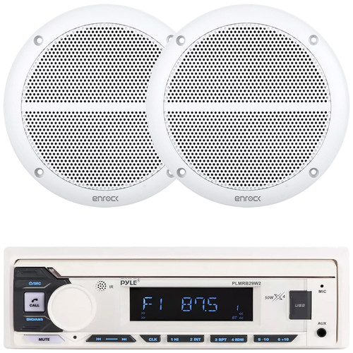 Pyle PLMRB29W2 Single DIN Marine Bluetooth USB/AUX MP3 Player AM/FM Radio Stereo Receiver, 2x Enrock EM602W 6.5" 90 Watt Max Power 2-Way Full Range White Boat Speakers