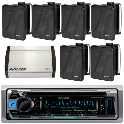 Kenwood KMR-D368BT Marine Boat Yacht CD MP3 Bluetooth Stereo AM/FM iPod iPhone Radio Player, Kicker 11KB6000B Black Full Range indoor/outdoor Weather Resistant 6.5" Enclosed Box Speakers, Kicker 40KXM400.4 4-Channel 400 Watts Marine Amplifier