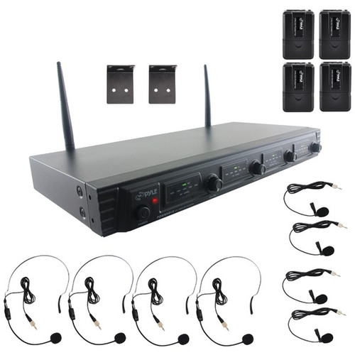 New Pyle PDWM4560 4 Channel Rack Mount UHF Wireless Microphone System, 4 Body-Pack Transmitters, 4 Headset & 4 Lavaliere Mics