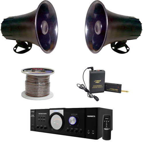 5" PA Mono Extension Horn Speakers, Speaker Wire, Mono PA Amplifier, Mic Set