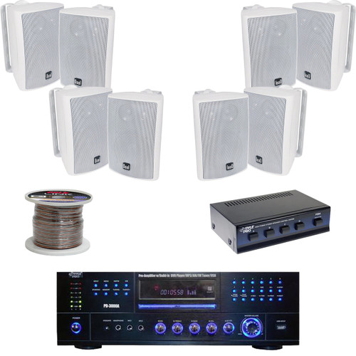 4" 100W Box Speakers, Speaker Wire, Speaker Selector, PD3000A DVD USB Receiver