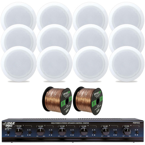 6 Pair (QTY 12) of Pyle PDIC51RD In-Wall / In-Ceiling Dual 5.25-inch 2-Way White Speaker System, 6 Channel High Power Stereo Speaker Selector w/Volume Control, 2x 16 Gauge 50 ft Speaker Wire