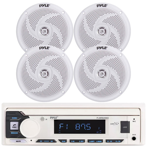 Pyle PLMRB29W2 Single DIN Marine Bluetooth USB/AUX MP3 Player AM/FM Radio Stereo Receiver, 4x Pyle PLMRS4W 4" 100 Watt Max Power Low Profile 2-Way Waterproof White Boat Outdoor Speakers