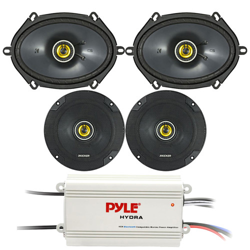 2x Kicker CS Series CSC68 6x8" 225W Max Power 2-Way Car Audio Black Speakers, 2x Kicker CSC65 CS Series 6.5" 300W Max 4 Ohm 2-Way Coaxial Automotive Speakers, 4-Channel Bluetooth Waterproof Amplifier