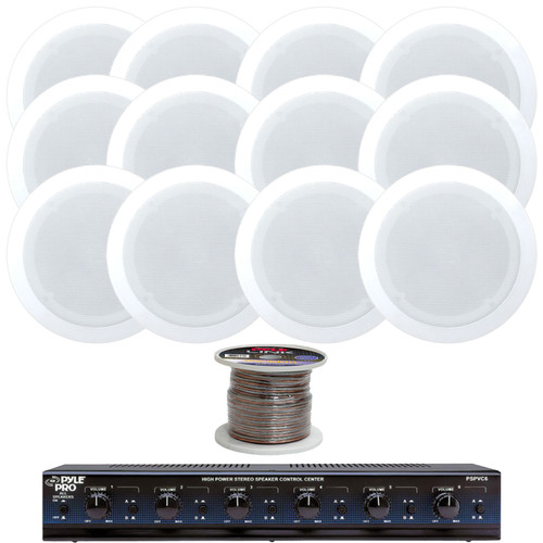 12x Pyle PDIC51RD 5.25" 150 Watt Max Power In-Wall/In-Ceiling 2-Way White Audio Speakers, 6-Channel High Powered Stereo Speaker Selector w/Volume Control, 100 Feet 16 Gauge Speaker Wire