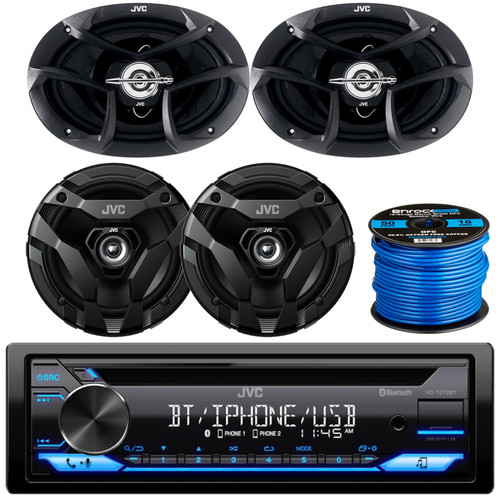 JVC KD-TD72BT Single-DIN Bluetooth USB/AUX CD Player AM/FM Radio Stereo Car Audio Receiver, 2x 6.5" 300W Max Power 2-Way Coaxial Automotive Speakers, 2x 6x9" 400W Max Power 3-Way Speakers W/Wire