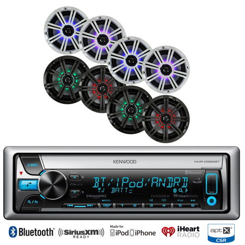 Kenwood iPod Bluetooth CD Marine Radio, 4 Kicker 8" Multi Color LED Speaker Set