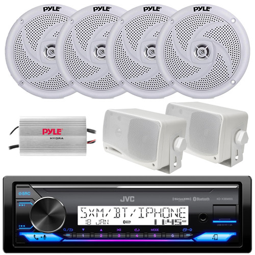 JVC KD-X38MBS Single DIN Marine Bluetooth USB/AUX LED AM/FM SiriusXM Ready Stereo Receiver, 4x 5.25" 180W Max 2-Way Slim Style Speakers, 2x 3.5" 200W Max 3-Way Mini Box Speakers, 4-Channel Amplifier
