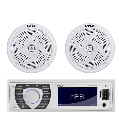 Pyle PLRMR23BTW Single DIN Marine Bluetooth USB/AUX MP3 Player AM/FM Radio In-Dash Stereo Receiver, 2x Pyle PLMRS5W 5.25" 180 Watt Max 2-Way Waterproof Low Profile Slim Style Boat Audio White Speakers