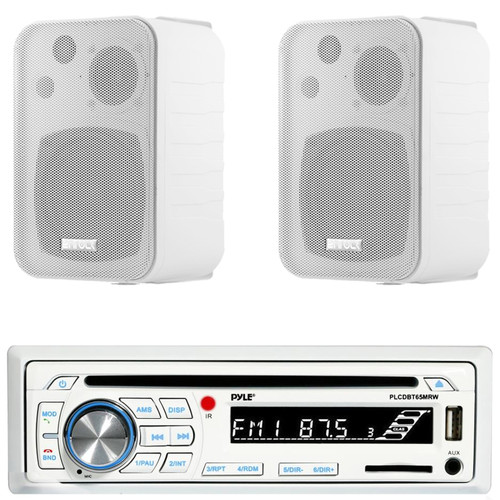 Pyle PLCDBT65 Single DIN Marine Bluetooth USB/AUX MP3/CD Player AM/FM Radio In-Dash Stereo Receiver, 2x Enrock Audio EKMR408W 4" 30 Watt Max Power 3-Way Indoor/Outdoor White Box-Speakers
