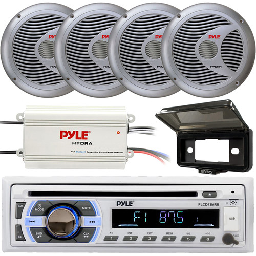 Pyle PLCD43MRB Single DIN Marine Bluetooth USB/AUX MP3 Player AM/FM Radio In-Dash Stereo Head Unit Receiver W/Black Cover, 4x 6.5'' 150W Max Power 2-Way Silver Speakers, 4-Channel Waterproof Amplifier