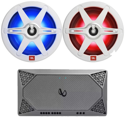 2x JBL Club 82 8" OEM Replacement 450W Max Power 2-Way High-Performance RGB LED Marine Speakers w/ White and Gray Grilles, Infinity M704A 4-Channel Weather-Resistant High-Performance Compact Amplifier