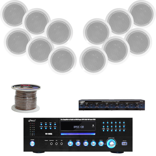 300W 8" In-Ceiling Speakers, Speaker Selector,Speaker Wire, USB DVD Mp3 Receiver