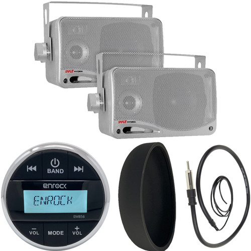Enrock EM856 Gauge Mount Marine Grade Receiver, Pyle 3.5" 200W 3-Way Weather Proof mini Box Speaker Pair, 22" Antenna+Cover