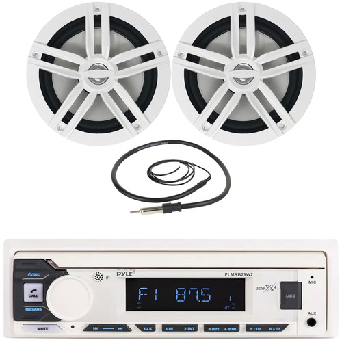 Pyle PLMRB29W2 Single DIN Marine Bluetooth USB/AUX MP3 Player AM/FM Radio Stereo Receiver, 2x Enrock EM265W 6.5" 180 Watt Max Power 2-Way White Boat Audio Speakers, 22" Radio Antenna