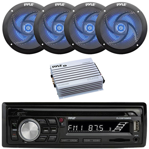 Pyle PLCDBT95 Single DIN Marine Bluetooth USB/AUX CD/MP3 Player AM/FM Radio In Dash Stereo Receiver, 4x 5.25" 180W Max 2-Way Low Profile Slim Style Blue LED Black Boat Speakers, 4-Channel Amplifier