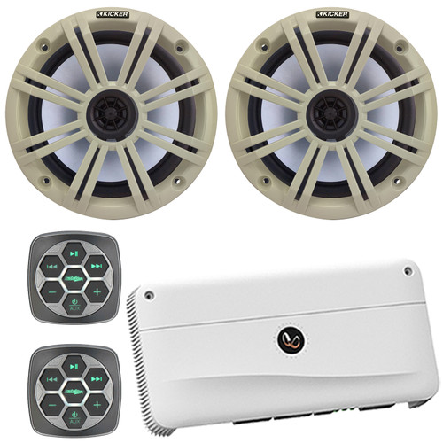 2x Metra IBBTR19 Marine 3-Zone Bluetooth Controller, 2x Kicker 6.5" 195 Watt Max Power 4 Ohm Coaxial Speakers with White Grilles, 5 Channel Class AB+D Bass Boost Boat Audio Amplifier