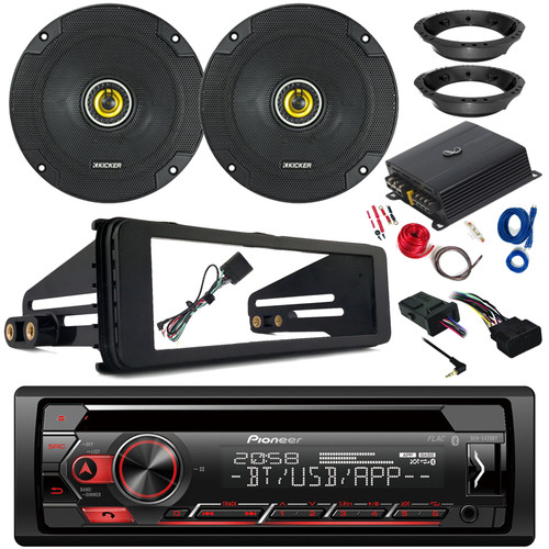 Pioneer DEH-S420BT Single DIN Bluetooth USB/AUX FM Radio Receiver, 2-Channel Amplifier w/Wiring Kit, 6.5" 300W Max Speakers (Pair) w/Adapters, Handlebar Control Kit, 98-2013 Harley Stereo Install Kit