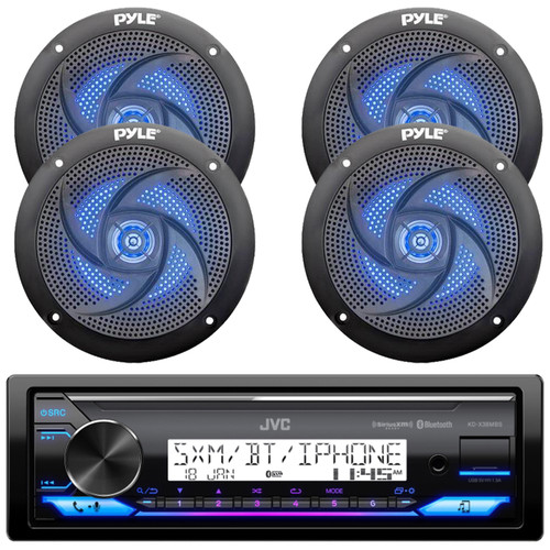 JVC KD-X38MBS Single DIN Marine MotorSports Bluetooth USB/AUX LED AM/FM Radio SiriusXM Ready Stereo Receiver, 4x 5.25" 180W Max 2-Way Waterproof Low Profile Slim Style Blue LED Black Boat Speakers