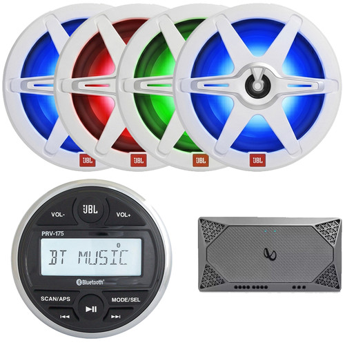 JBL PRV-175 Marine Bluetooth USB/AUX AM/FM Radio Gauge Style Digital Media Stereo Receiver, 4x JBL Club 82 8" 450W Max Power 2-Way High-Performance RGB LED Boat Speakers w/Grilles, 4-Channel Amplifier