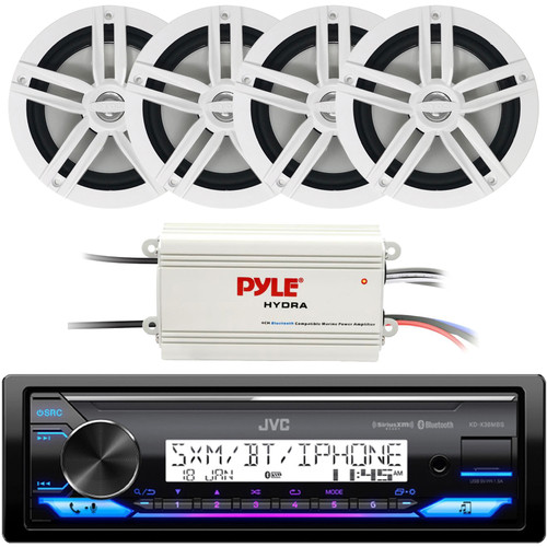 JVC KD-X38MBS Single DIN Marine MotorSports Bluetooth USB/AUX LED Illumination AM/FM SiriusXM Ready Stereo Receiver, 4x 6.5" 180W Max 2-Way White Speakers, 4 Channel Waterproof Bluetooth Amplifier