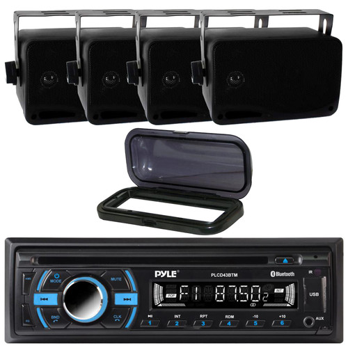 Pyle PLCD43BTM Single DIN Marine Bluetooth USB/AUX MP3 Player AM/FM Radio In-Dash Head Unit Stereo Receiver w/Black Cover, 4x 3.5" 200 Watt Max Power 3-Way Wall Mount Black Audio Speakers
