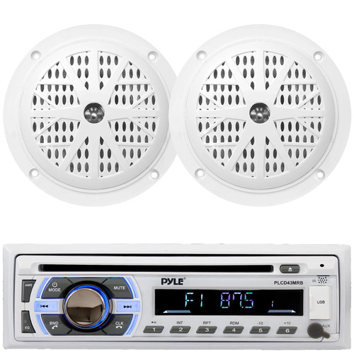 Pyle PLCD43MRB Single DIN Marine Bluetooth USB/AUX MP3 Player AM/FM Radio In-Dash Stereo Head Unit Receiver, 2x Pyle PLMR41W 4'' 100 Watt Max Power Dual Cone Waterproof White Stereo Speakers