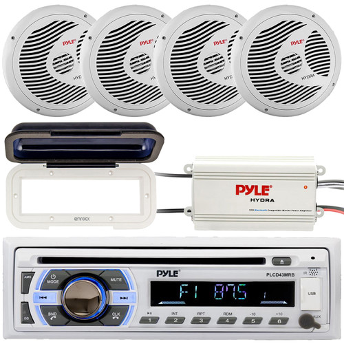 Pyle PLCD43MRB Single DIN Marine Bluetooth USB/AUX MP3 Player AM/FM Radio In-Dash Stereo Head Unit Receiver W/White Cover, 4x 6.5" 150W Max Full Range Waterproof White Speakers, 4-Channel Amplifier