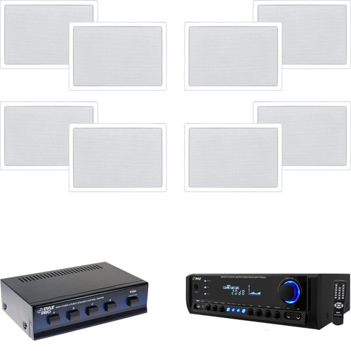 6.5" In-Wall White Speakers, Speaker Selector, Pyle 300W USB SD Home Receiver