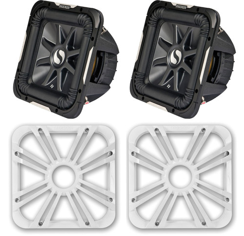 Package Bundle Combo Inludes 2x KICKER S12L74 12" Inch 2400 Watt 2-Ohm Car Audio Square Subwoofer = 2x Kicker 11L712GLW 12" Square Grill With LED Lighting for Solo-Baric L7 Subwoofer - White