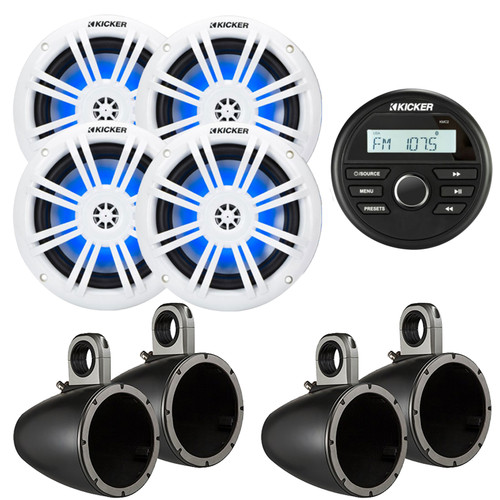 Kicker 46KMC2 All-Weather Marine Gauge Style Bluetooth USB Media Center Receiver, 6.5" 150 Watt Blue Flashing LED Boat Audio White Speakers (Qty 4) with 4x 6.5" Single Tower Black Speaker Enclosures