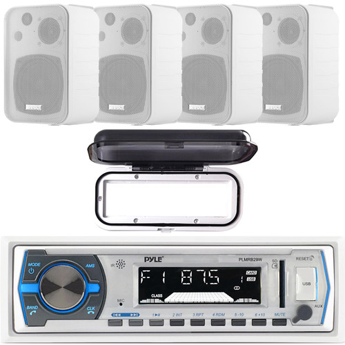 Pyle PLMRB29W Single DIN Marine Bluetooth USB/AUX MP3 Player AM/FM Radio In-Dash White Stereo Receiver w/ White Cover, 4x Enrock Audio EKMR408W 4" 30W Max Power 3-Way Indoor/Outdoor White Box-Speakers