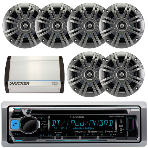 Kenwood KMR-D368BT Marine Boat Yacht CD MP3 Bluetooth Stereo AM/FM iPod iPhone Radio Player, Pair Kicker 41KM44CW 4" 2-Way KM Series 4-Ohm Coaxial Marine Speakers, Kicker 40KXM400.4 4-Channel 400 Watts Marine Amplifier