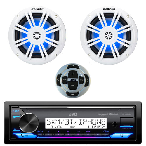 JVC KD-X38MBS Single DIN Marine MotorSports Bluetooth USB AUX LED Stereo SiriusXM Receiver, Wired Remote, 2x 6.5" 150 Watt Max Blue Flashing LED Boat Audio White Speakers