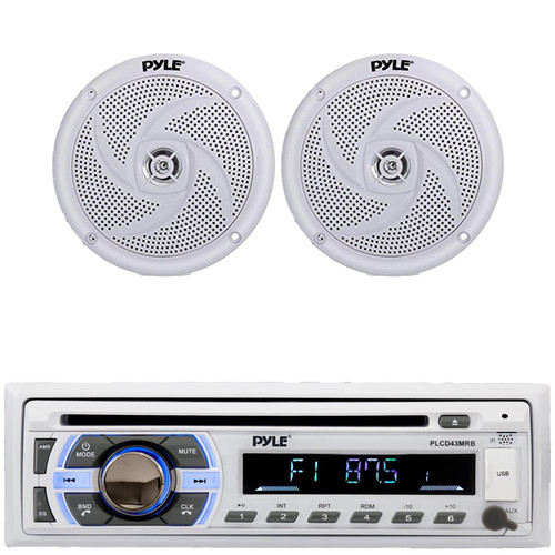 Pyle PLCD43MRB Single DIN Marine Bluetooth USB/AUX MP3 Player AM/FM Radio In-Dash Stereo Head Unit Receiver, 2x 5.25" 180 Watt Max 2-Way Waterproof Low Profile Slim Style White Boat Speakers