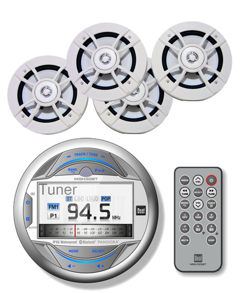 MGH30BT Bluetooth iPod iPhone USB AUX LCD Radio & 100W White 6.5"Marine Speakers